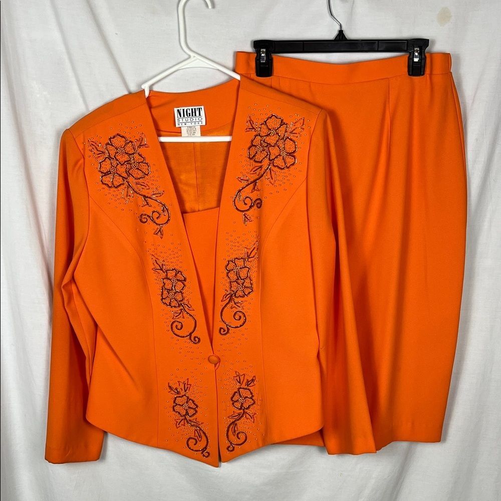 Vintage Night Studio New York Floral Beaded Orange 2 Piece Power Suit